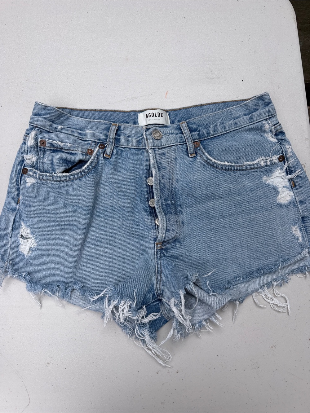 Agolde Light Wash Distressed Denim Cutoff Shorts
